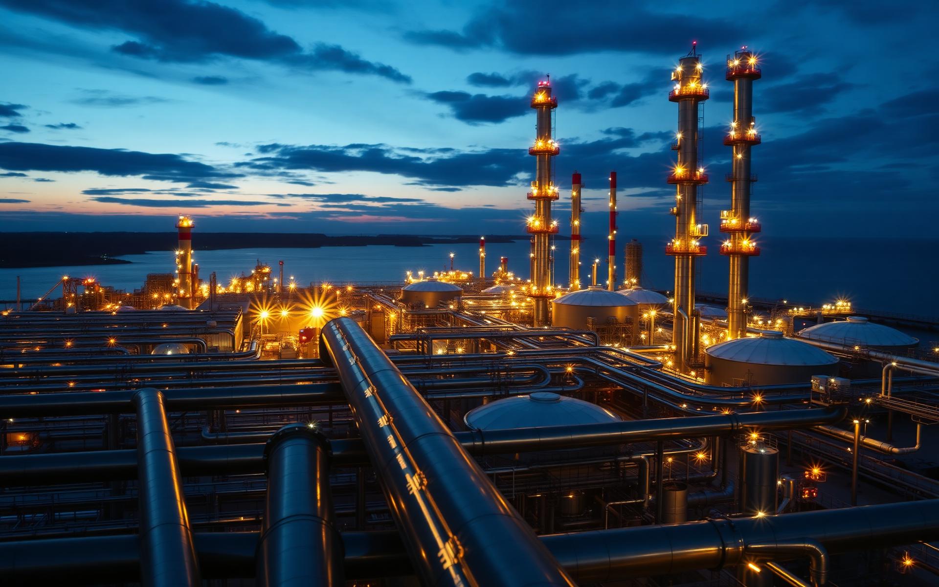Global industrial refinery at dusk